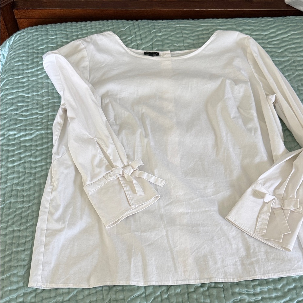 Talbots White Boatneck Long Sleeve Top with Sleeve Ties
